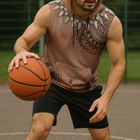 Polynesian Chief Inspired Costume Sleeveless Hoodie Tribal Pattern With Tooth Necklace