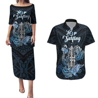 Personalised Polynesia Go Surfing Couples Matching Puletasi Dress and Hawaiian Shirt The Pacific Wave Of Water LT05 Blue - Polynesian Pride