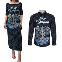 Personalised Polynesia Go Surfing Couples Matching Puletasi Dress and Long Sleeve Button Shirt The Pacific Wave Of Water LT05 Blue - Polynesian Pride
