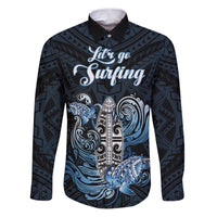 Personalised Polynesia Go Surfing Family Matching Puletasi Dress and Hawaiian Shirt The Pacific Wave Of Water LT05 Dad's Shirt - Long Sleeve Blue - Polynesian Pride