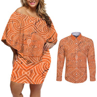 Personalised Lapita Culture Couples Matching Off Shoulder Short Dress and Long Sleeve Button Shirt Iconic Double Face Pattern LT05 Brown - Polynesian Pride