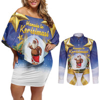 Samoa Christmas Couples Matching Off Shoulder Short Dress and Long Sleeve Button Shirt Snow Globe With Samoan Santa - Polynesian Pride