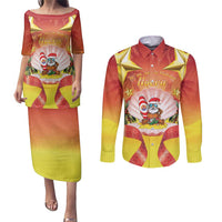 French Polynesia Christmas Couples Matching Puletasi and Long Sleeve Button Shirt Seashell Santa Beach Vibes - Polynesian Pride