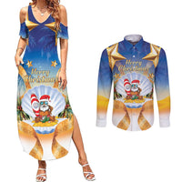 Marshall Islands Christmas Couples Matching Summer Maxi Dress and Long Sleeve Button Shirt Seashell Santa Beach Vibes - Polynesian Pride
