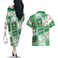 Norfolk Island Christmas Couples Matching Off The Shoulder Long Sleeve Dress and Hawaiian Shirt Festive Beach Vibes LT05 - Polynesian Pride
