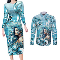 Hawaii Namaka Goddess Of The Sea Couples Matching Long Sleeve Bodycon Dress and Long Sleeve Button Shirt Polynesian Style LT05 Turquoise - Polynesian Pride