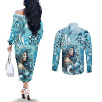Hawaii Namaka Goddess Of The Sea Couples Matching Off The Shoulder Long Sleeve Dress and Long Sleeve Button Shirt Polynesian Style LT05 - Polynesian Pride