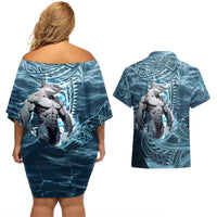 Hawaiian Shark God Kamohoalii Couples Matching Off Shoulder Short Dress and Hawaiian Shirt Polynesian Style LT05 - Polynesian Pride