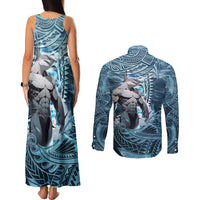 Hawaiian Shark God Kamohoalii Couples Matching Tank Maxi Dress and Long Sleeve Button Shirt Polynesian Style LT05 - Polynesian Pride