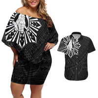 Philippines Tribal Couples Matching Off Shoulder Short Dress and Hawaiian Shirt King Lapu Lapu Black Version LT05 Black - Polynesian Pride
