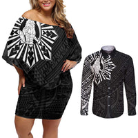 Philippines Tribal Couples Matching Off Shoulder Short Dress and Long Sleeve Button Shirt King Lapu Lapu Black Version