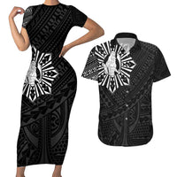 Philippines Tribal Couples Matching Short Sleeve Bodycon Dress and Hawaiian Shirt King Lapu Lapu Black Version