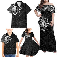 Philippines Tribal Family Matching Off Shoulder Maxi Dress and Hawaiian Shirt King Lapu Lapu Black Version