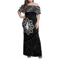 Philippines Tribal Family Matching Off Shoulder Maxi Dress and Hawaiian Shirt King Lapu Lapu Black Version