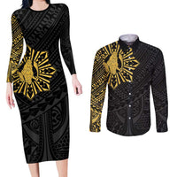 Philippines Tribal Couples Matching Long Sleeve Bodycon Dress and Long Sleeve Button Shirt King Lapu Lapu Gold Version
