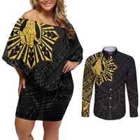 Philippines Tribal Couples Matching Off Shoulder Short Dress and Long Sleeve Button Shirt King Lapu Lapu Gold Version