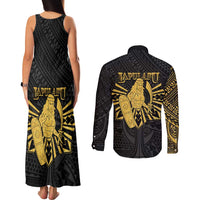 Philippines Tribal Couples Matching Tank Maxi Dress and Long Sleeve Button Shirt King Lapu Lapu Gold Version