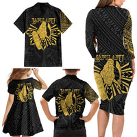 Philippines Tribal Family Matching Long Sleeve Bodycon Dress and Hawaiian Shirt King Lapu Lapu Gold Version