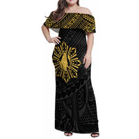 Philippines Tribal Family Matching Off Shoulder Maxi Dress and Hawaiian Shirt King Lapu Lapu Gold Version