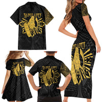 Philippines Tribal Family Matching Short Sleeve Bodycon Dress and Hawaiian Shirt King Lapu Lapu Gold Version