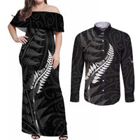 Personalised New Zealand Chur Bro Couples Matching Off Shoulder Maxi Dress and Long Sleeve Button Shirt Maori Koru With Silver Fern