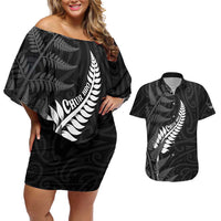 Personalised New Zealand Chur Bro Couples Matching Off Shoulder Short Dress and Hawaiian Shirt Maori Koru With Silver Fern LT05 Black - Polynesian Pride