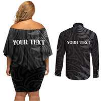 Personalised New Zealand Chur Bro Couples Matching Off Shoulder Short Dress and Long Sleeve Button Shirt Maori Koru With Silver Fern