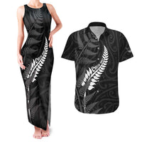 Personalised New Zealand Chur Bro Couples Matching Tank Maxi Dress and Hawaiian Shirt Maori Koru With Silver Fern LT05 Black - Polynesian Pride