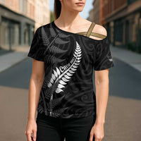 Personalised New Zealand Chur Bro Cross Shoulder Shirt Maori Koru With Silver Fern