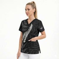 Personalised New Zealand Chur Bro Scrub Top Maori Koru With Silver Fern