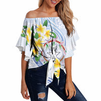 Northern Mariana Islands Chamorro Off Shoulder Wrap Waist Top Plumeria Curves Style White Version LT05 - Polynesian Pride