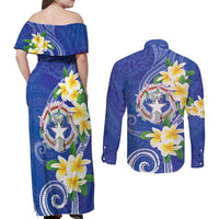 Northern Mariana Islands Chamorro Couples Matching Off Shoulder Maxi Dress and Long Sleeve Button Shirt Plumeria Curves Style Navy Version
