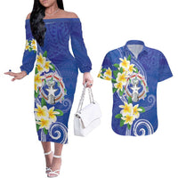 Northern Mariana Islands Chamorro Couples Matching Off The Shoulder Long Sleeve Dress and Hawaiian Shirt Plumeria Curves Style Navy Version LT05 Navy - Polynesian Pride