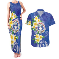 Northern Mariana Islands Chamorro Couples Matching Tank Maxi Dress and Hawaiian Shirt Plumeria Curves Style Navy Version