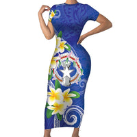 Northern Mariana Islands Chamorro Family Matching Short Sleeve Bodycon Dress and Hawaiian Shirt Plumeria Curves Style Navy Version LT05 Mom's Dress Navy - Polynesian Pride