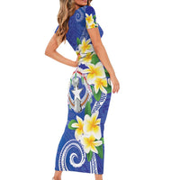 Northern Mariana Islands Chamorro Family Matching Short Sleeve Bodycon Dress and Hawaiian Shirt Plumeria Curves Style Navy Version LT05 - Polynesian Pride