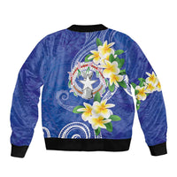 Northern Mariana Islands Chamorro Sleeve Zip Bomber Jacket Plumeria Curves Style Navy Version