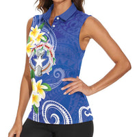 Northern Mariana Islands Chamorro Women Sleeveless Polo Shirt Plumeria Curves Style Navy Version