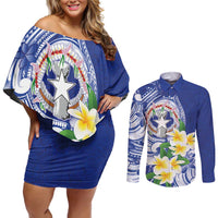 Northern Mariana Islands Couples Matching Off Shoulder Short Dress and Long Sleeve Button Shirt Polynesian Pattern With Frangipani
