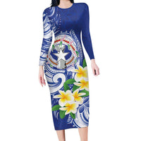 Northern Mariana Islands Family Matching Long Sleeve Bodycon Dress and Hawaiian Shirt Polynesian Pattern With Frangipani