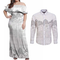 Samoa Lotu Tamaiti Couples Matching Off Shoulder Maxi Dress and Long Sleeve Button Shirt White Sunday Polynesian Pattern With Tropical Flowers