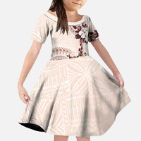 Bula Fiji Language Week Family Matching Puletasi and Hawaiian Shirt Fijian Tapa Pattern With Tagimoucia Flower LT05 Daughter's Dress Beige - Polynesian Pride