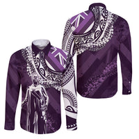 Hawaii Queen Liliuokalani Family Matching Off Shoulder Short Dress and Hawaiian Shirt Hawaiian Maile Lei Flag Style LT05 Dad's Shirt - Long Sleeve Purple - Polynesian Pride