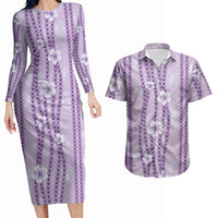 Hawaii Queen Liliuokalani Couples Matching Long Sleeve Bodycon Dress and Hawaiian Shirt Lavender Lei Pua Kalaunu