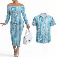 Hawaii Queen Liliuokalani Couples Matching Off The Shoulder Long Sleeve Dress and Hawaiian Shirt Blue Lei Pua Kalaunu