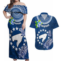 Personalized Cook Islands Pukapuka Couples Matching Off Shoulder Maxi Dress and Hawaiian Shirt Coat Of Arms Plumeria Polynesian Turtle LT05 Blue - Polynesian Pride