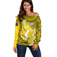 Cook Islands Aitutaki Off Shoulder Sweater Coat Of Arms Plumeria Polynesian Turtle LT05 Women Yellow - Polynesian Pride