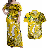 Personalized Cook Islands Aitutaki Couples Matching Off Shoulder Maxi Dress and Hawaiian Shirt Coat Of Arms Plumeria Polynesian Turtle LT05 Yellow - Polynesian Pride