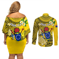 Personalized Cook Islands Aitutaki Couples Matching Off Shoulder Short Dress and Long Sleeve Button Shirts Coat Of Arms Plumeria Polynesian Turtle LT05 - Polynesian Pride