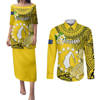 Personalized Cook Islands Aitutaki Couples Matching Puletasi Dress and Long Sleeve Button Shirts Coat Of Arms Plumeria Polynesian Turtle LT05 Yellow - Polynesian Pride